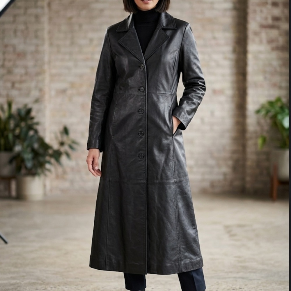 Marc Mattis Black Women’s ‎ Leather Long Sleeve Button Front Trench Coat Size M